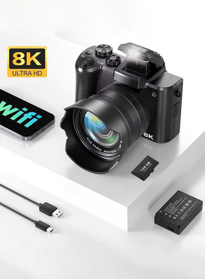 8K Digital Camera, 88MP Cameras for Photography with WiFi & Touch Screen, 16X Zoom Vlogging Camera for YouTube Video, Autofocus & Anti-Shake, Dual Camera, Batteries, 128GB Card, Flash, Lens Hood - Image 3